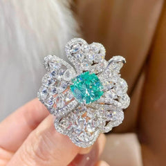 S925 Sterling Silver Lab Imitated Diamond Blue Crystal Cocktail Floral Deco Ring