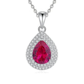 S925 Sterling Silver Paved Crystal Pear-Shaped Pendant Lab Diamond Necklace RubyRed