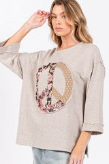 SAGE + FIG Floral Peace Patch Round Neck Top Oatmeal / S