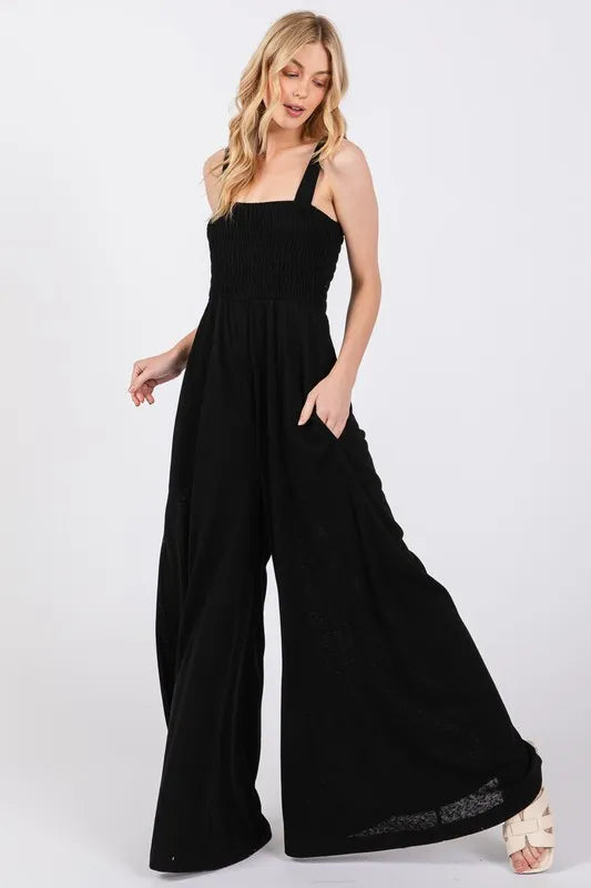 SAGE+FIG Smocked Flowy Wide Leg Jumpsuit BLACK / S