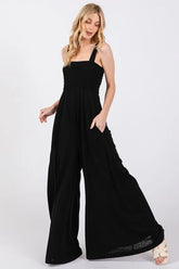 SAGE+FIG Smocked Flowy Wide Leg Jumpsuit BLACK / S