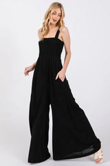 SAGE+FIG Smocked Flowy Wide Leg Jumpsuit BLACK / S
