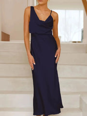 Satin Asymmetrical Midi Dress Dark Blue / S