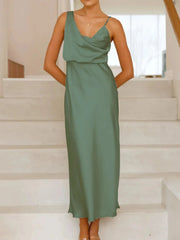 Satin Asymmetrical Midi Dress Green / S