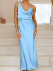 Satin Asymmetrical Midi Dress Light Blue / S