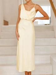 Satin Asymmetrical Midi Dress Light Yellow / S