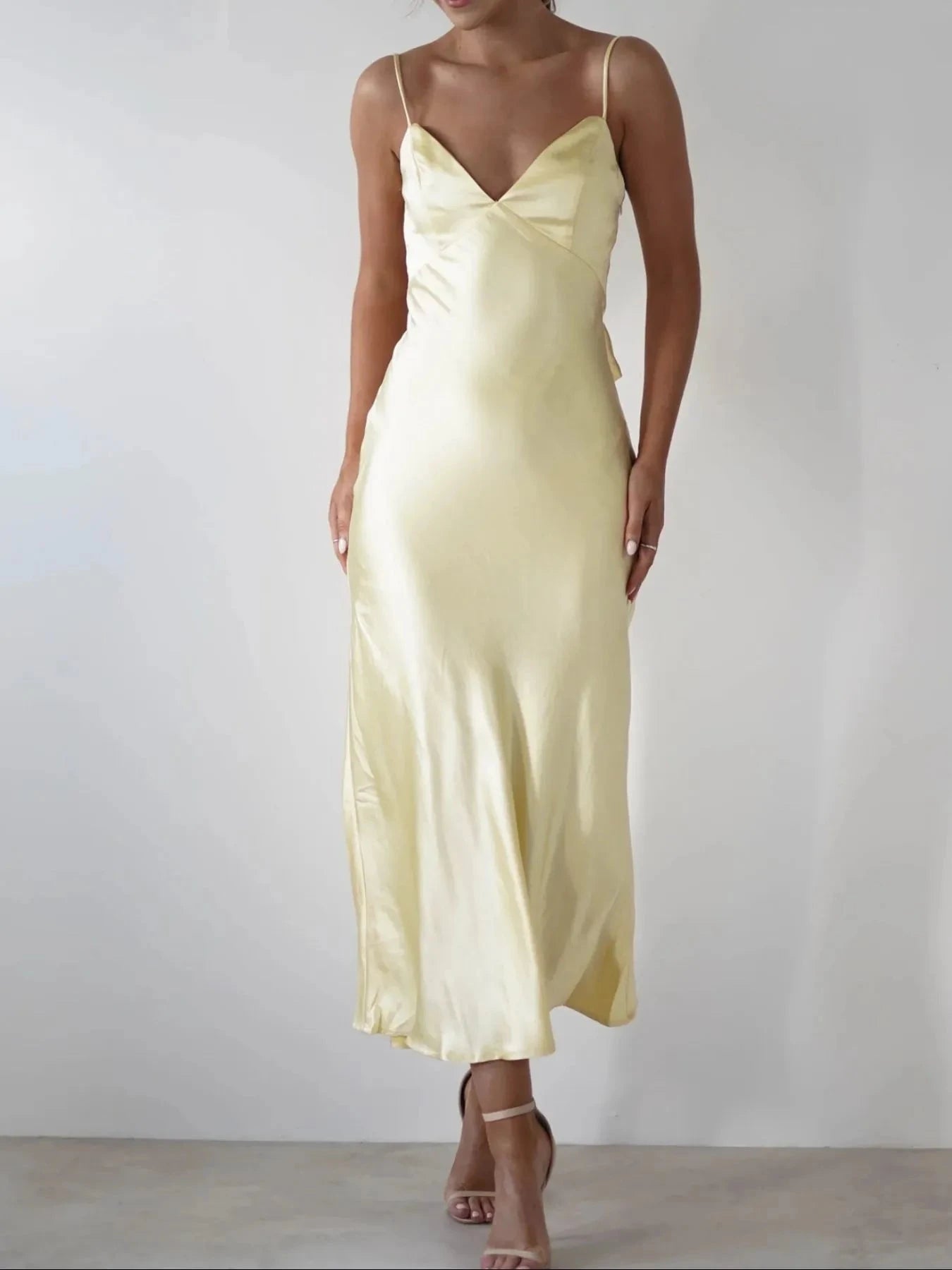 Satin Backless Cami Dress Light Yellow / S