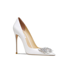 Satin Floral Rhinestone Strass Buckle Stiletto Pumps EU 33 / White / 6CM