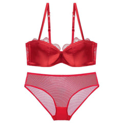 Satin Lace Embroidered Mesh Bra Panty Set