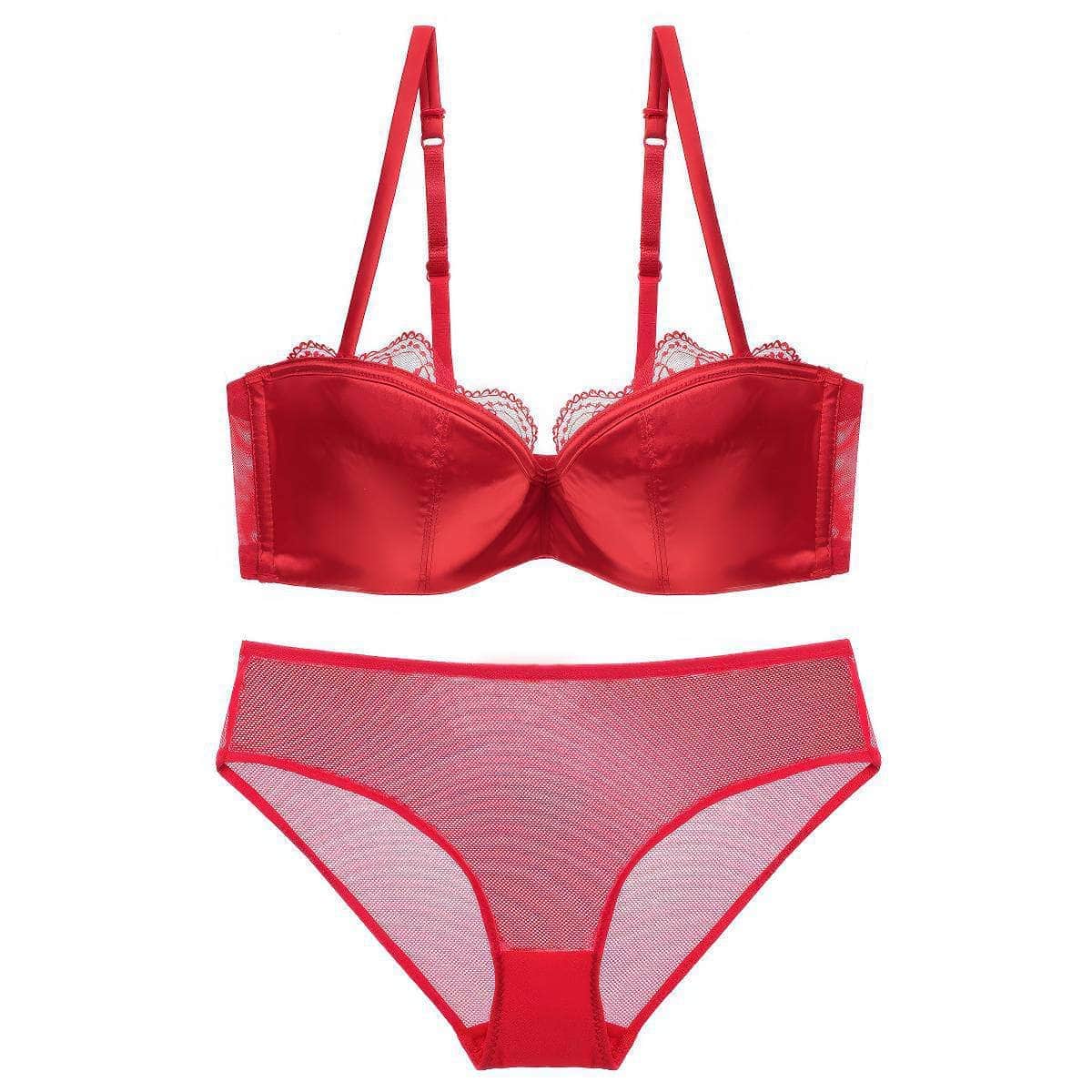 Satin Lace Embroidered Mesh Bra Panty Set 70A / Red