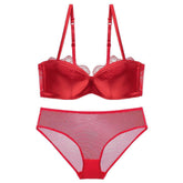 Satin Lace Embroidered Mesh Bra Panty Set 70A / Red