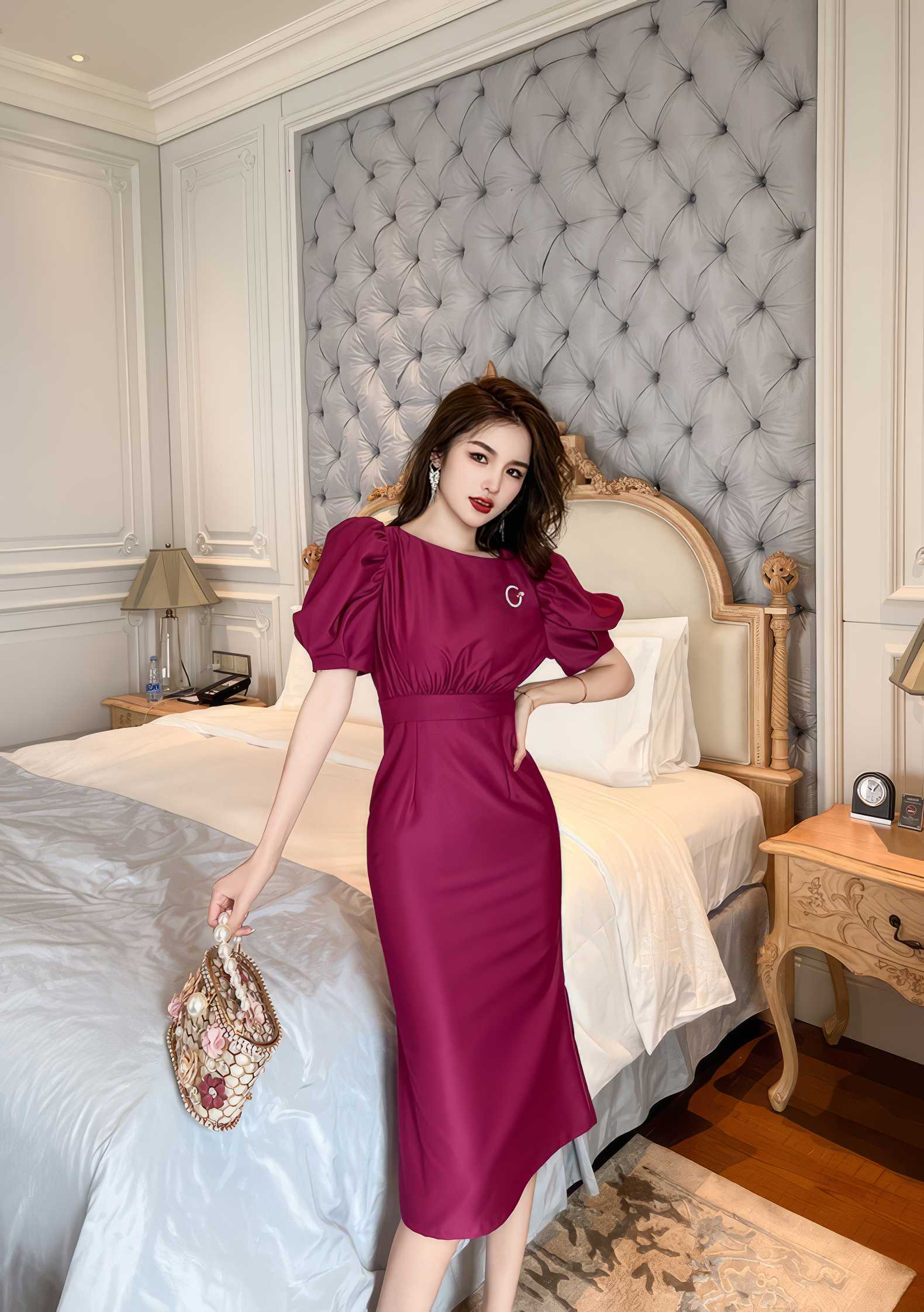 Satin Puff Sleeve Ruched Column Dress