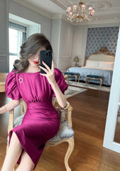 Satin Puff Sleeve Ruched Column Dress