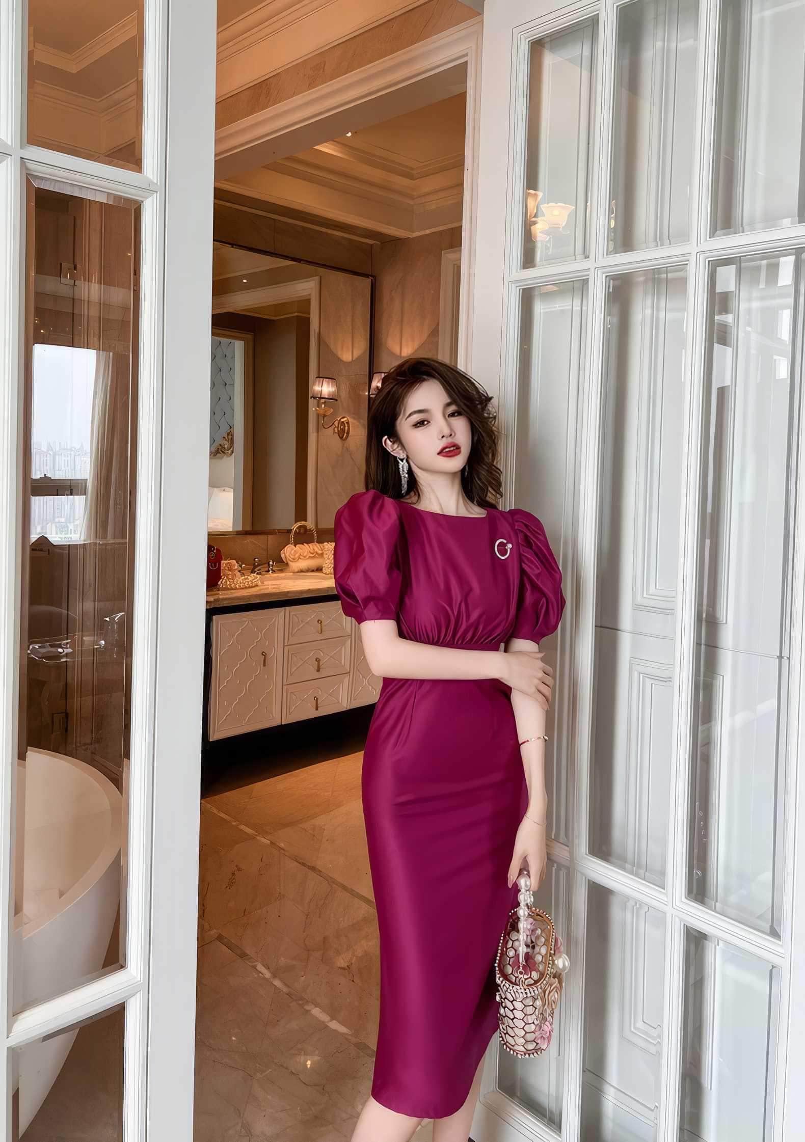 Satin Puff Sleeve Ruched Column Dress