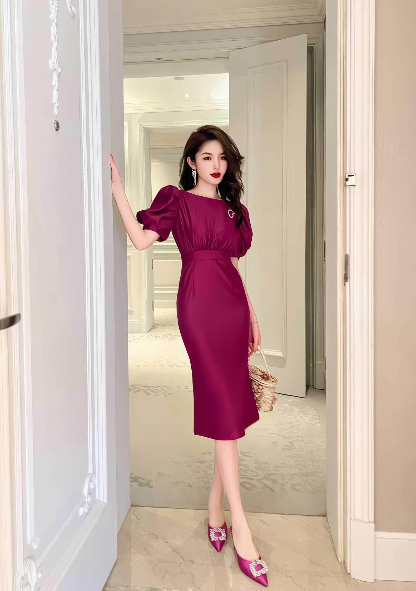 Satin Puff Sleeve Ruched Column Dress
