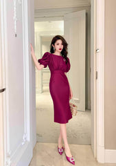 Satin Puff Sleeve Ruched Column Dress