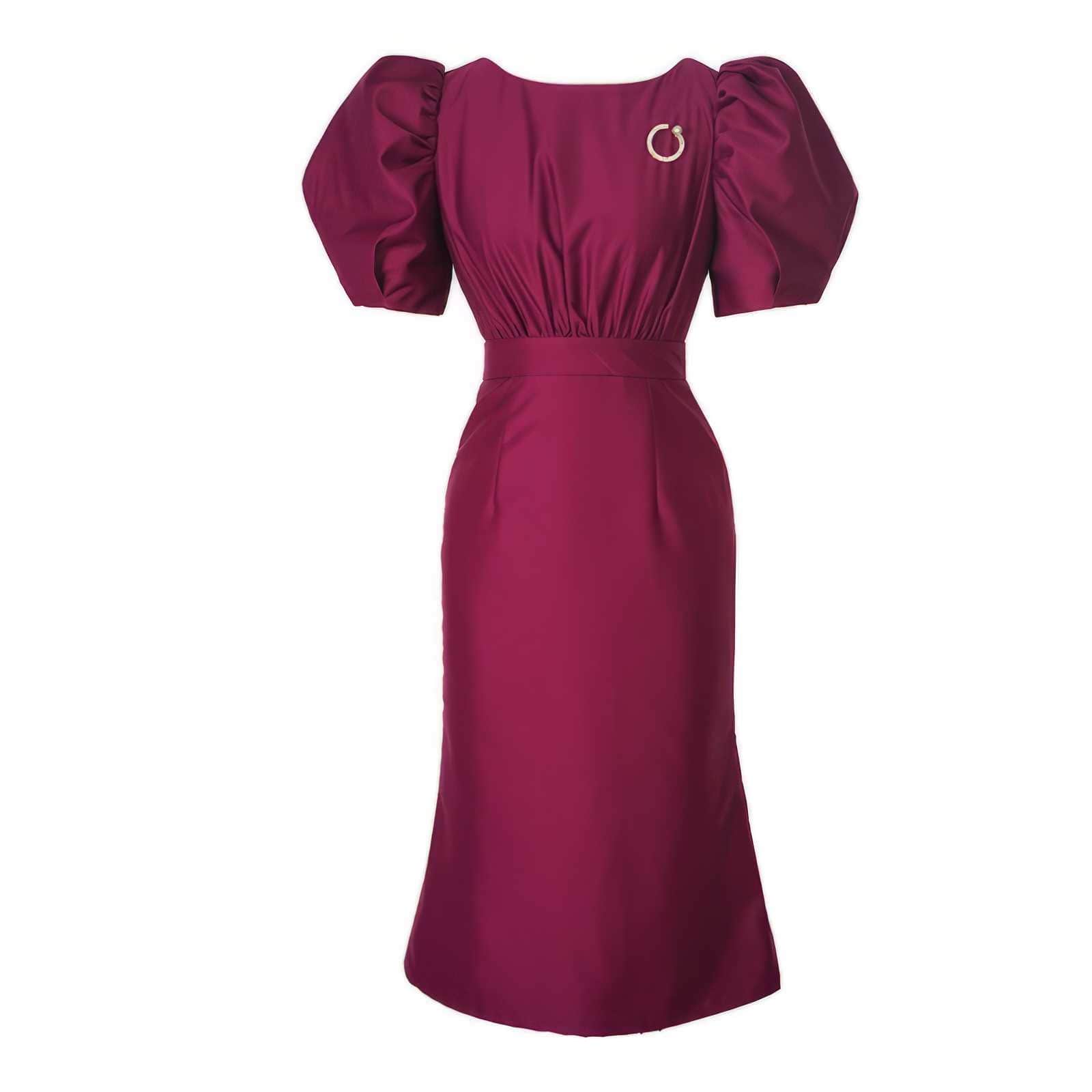 Satin Puff Sleeve Ruched Column Dress