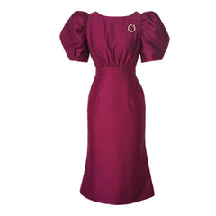 Satin Puff Sleeve Ruched Column Dress