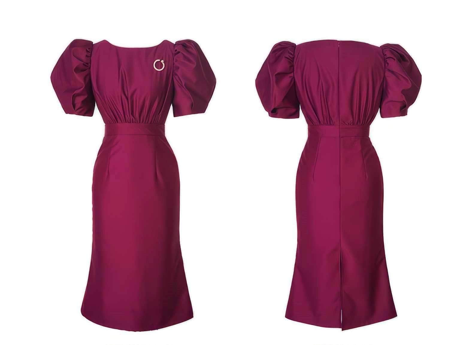 Satin Puff Sleeve Ruched Column Dress