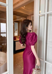 Satin Puff Sleeve Ruched Column Dress