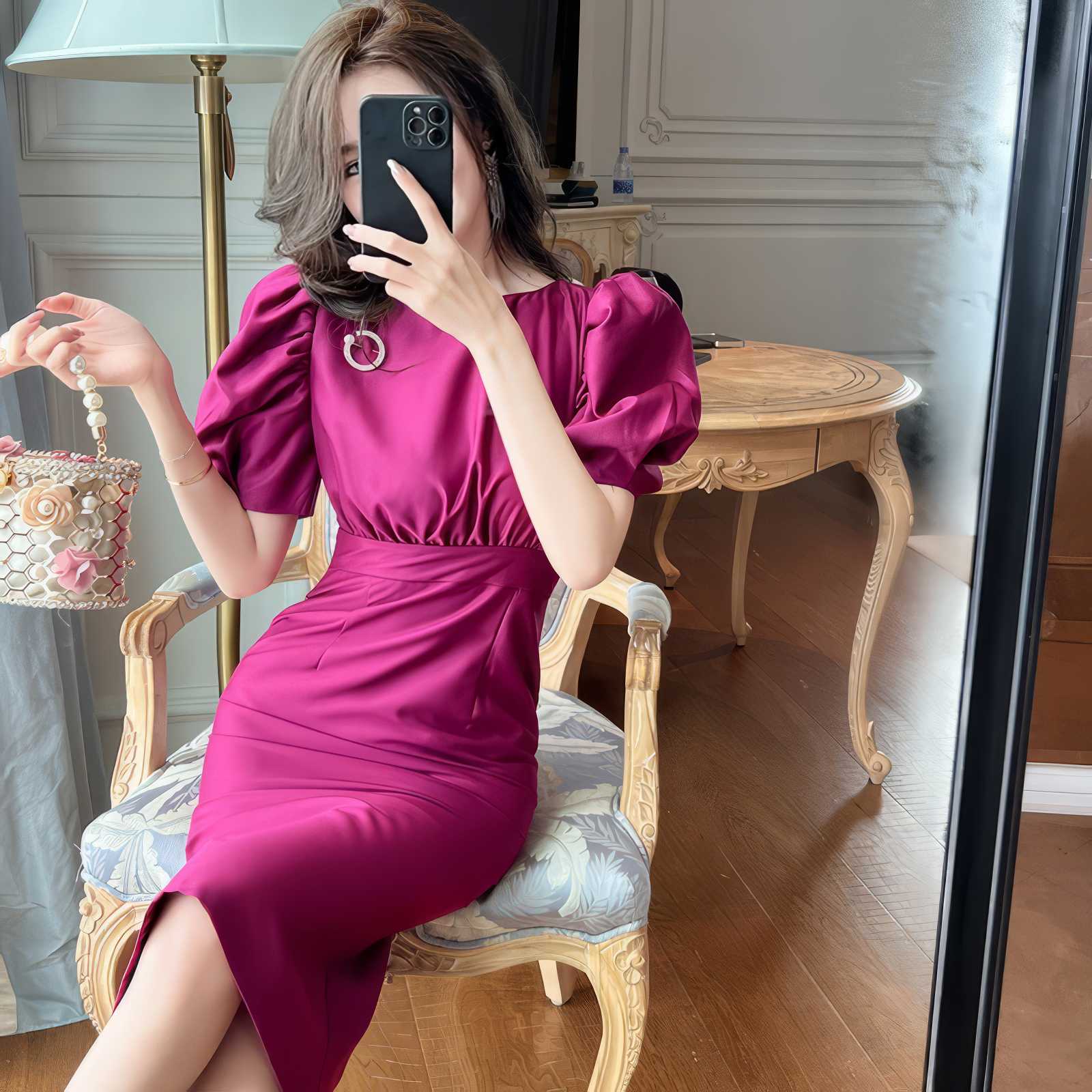 Satin Puff Sleeve Ruched Column Dress