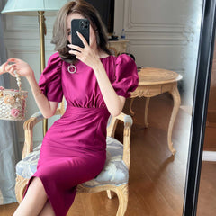 Satin Puff Sleeve Ruched Column Dress