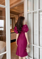 Satin Puff Sleeve Ruched Column Dress