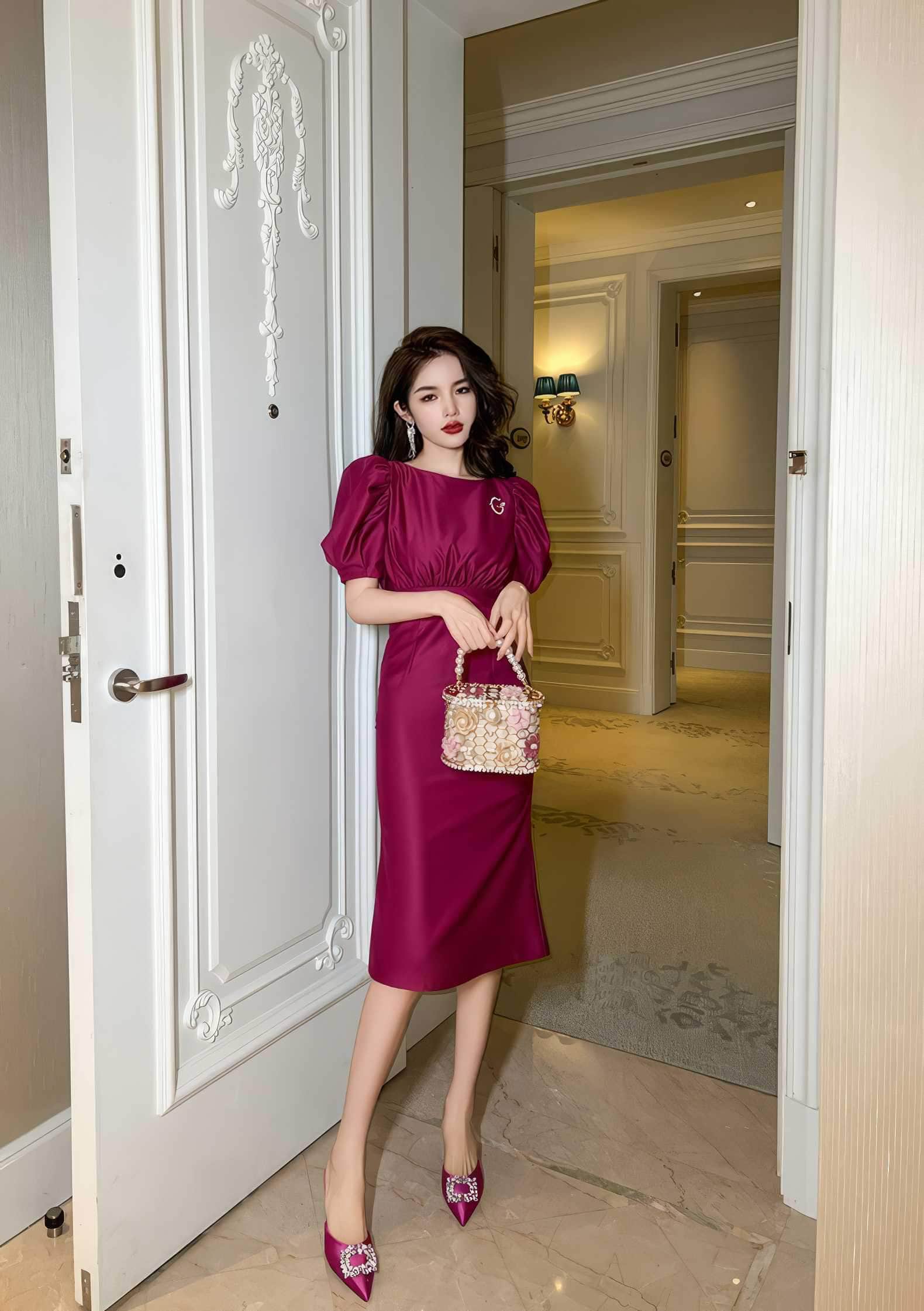 Satin Puff Sleeve Ruched Column Dress
