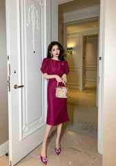 Satin Puff Sleeve Ruched Column Dress