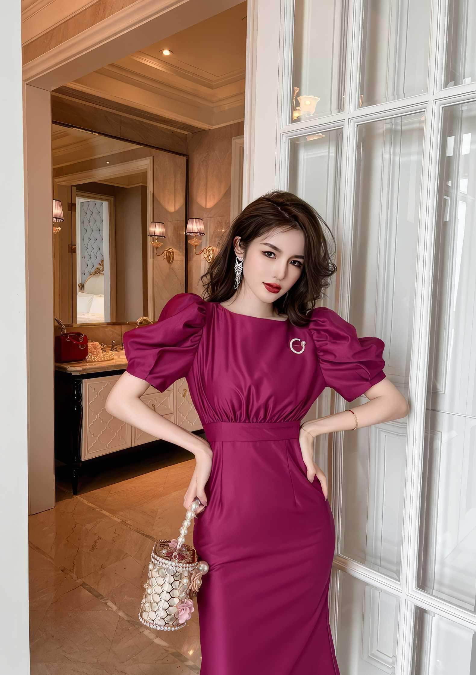 Satin Puff Sleeve Ruched Column Dress