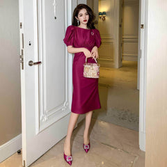Satin Puff Sleeve Ruched Column Dress