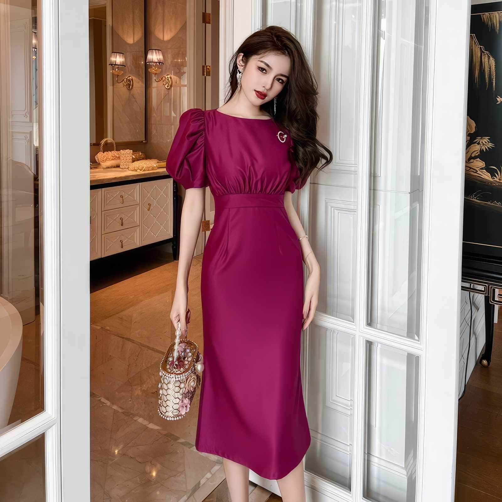 Satin Puff Sleeve Ruched Column Dress S / MediumVioletRed