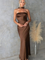 Satin Tube Maxi Dress Brown / S