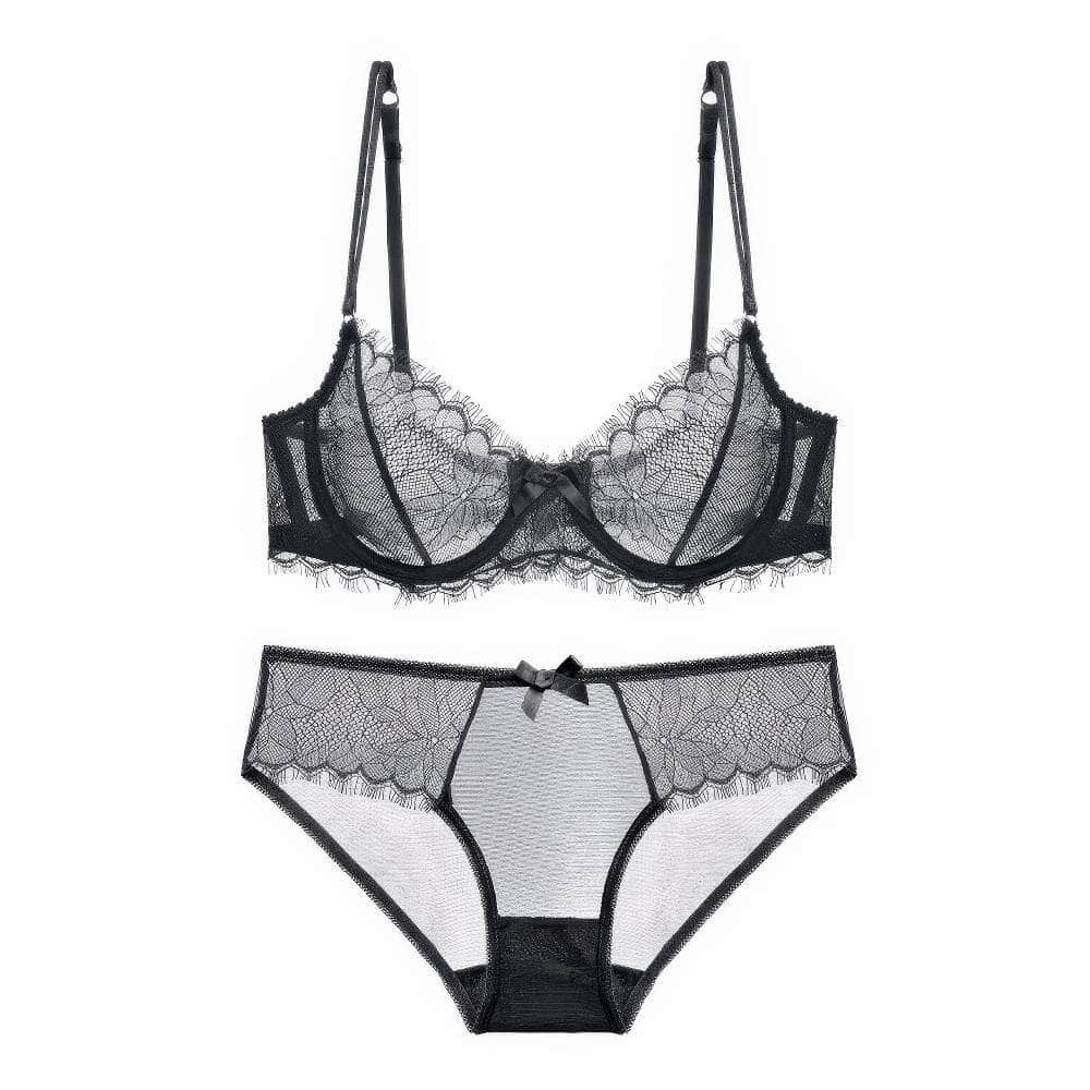 Scalloped Trimmed Floral Mesh Double Strap Panty Set 70A / Black