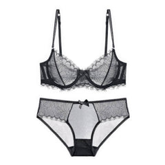 Scalloped Trimmed Floral Mesh Double Strap Panty Set 70A / Black