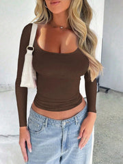 Scoop Neck Long Sleeve Fitted T-Shirt Brown / S