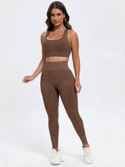 Scoop Neck Wide Strap Top and Pants Active Set Dark Brown / S