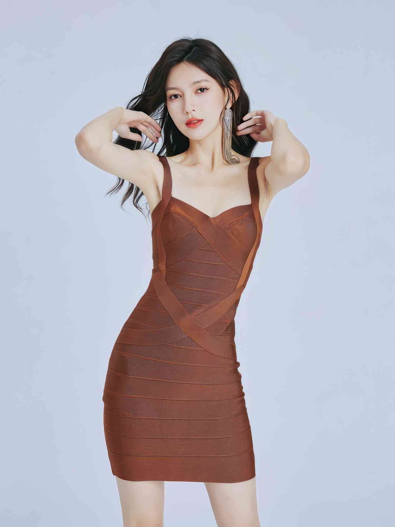 Sculpting Spaghetti Strap Bandage Bodycon Dress XS / Brown
