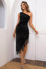 Sequin Asymmetrical Fringe Hem One-Shoulder Dress Black / XS