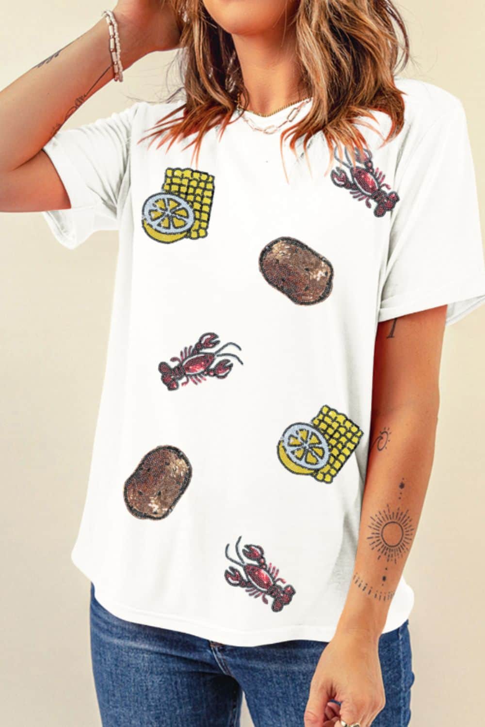 Sequin Crawfish Potato Round Neck Short Sleeve T-Shirt White / S