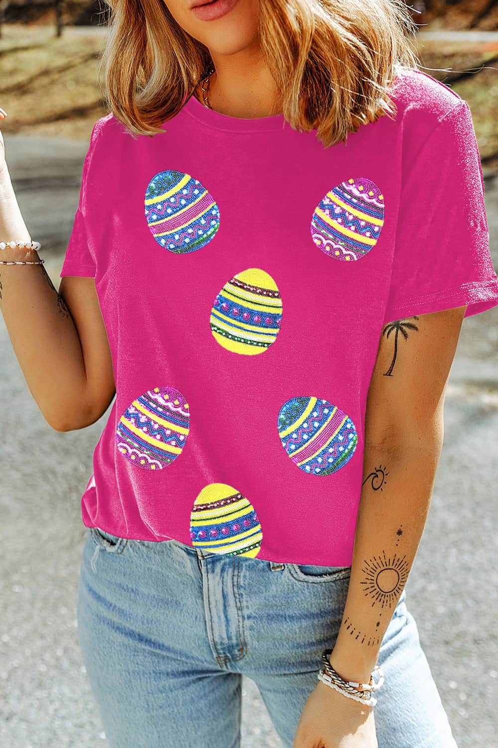 Sequin Easter Egg Short Sleeve T-Shirt Hot Pink / S