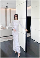 Sequin Embroidered Longsleeve Mermaid Dress S / White