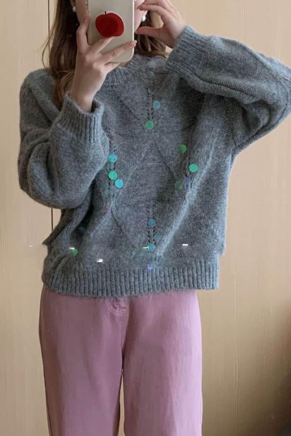 Sequin Round Neck Long Sleeve Sweater Gray / One Size