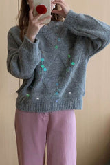 Sequin Round Neck Long Sleeve Sweater Gray / One Size