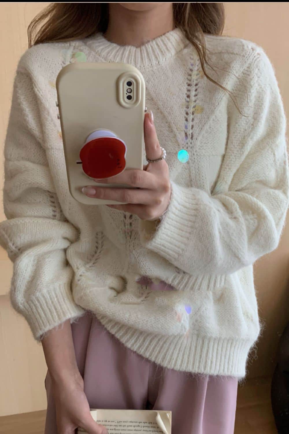Sequin Round Neck Long Sleeve Sweater Ivory / One Size