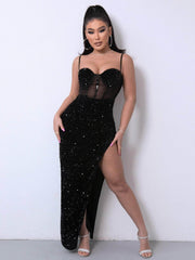 Sequin Spliced Mesh Adjustable Strap Dress Black / XS