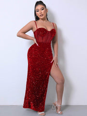 Sequin Spliced Mesh Adjustable Strap Dress Red / XS