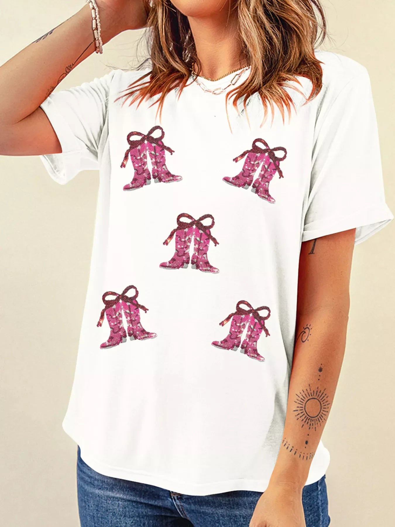 Sequined Cowgirl Boots Patched Custom Print T Shirt