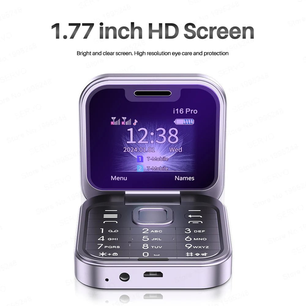 SERVO 2024 New Mini Flip Mobile Phone - FM Radio, Magic Voice, Blacklist, Speed Dial, Vibration, 2SIM Card, Small Display, Foldable Phone