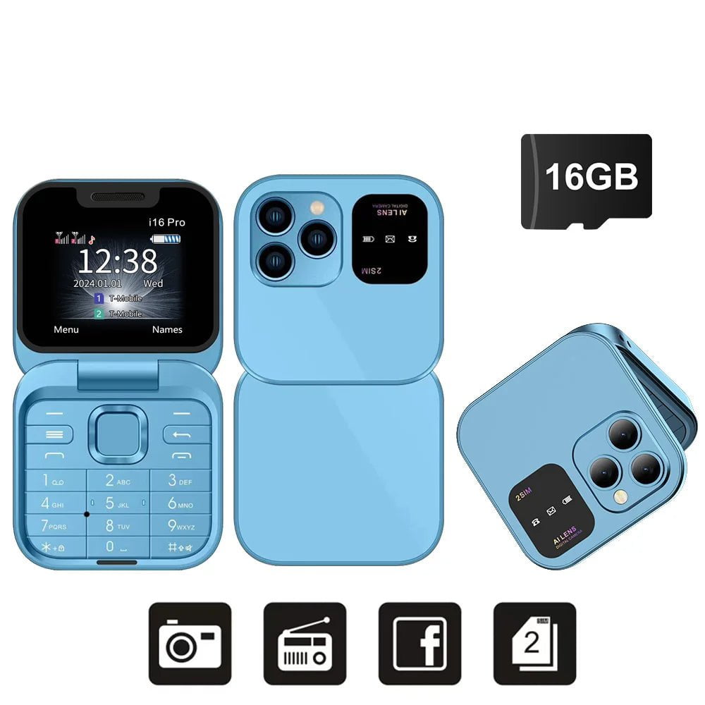 SERVO 2024 New Mini Flip Mobile Phone - FM Radio, Magic Voice, Blacklist, Speed Dial, Vibration, 2SIM Card, Small Display, Foldable Phone Blue N 16GB TF card